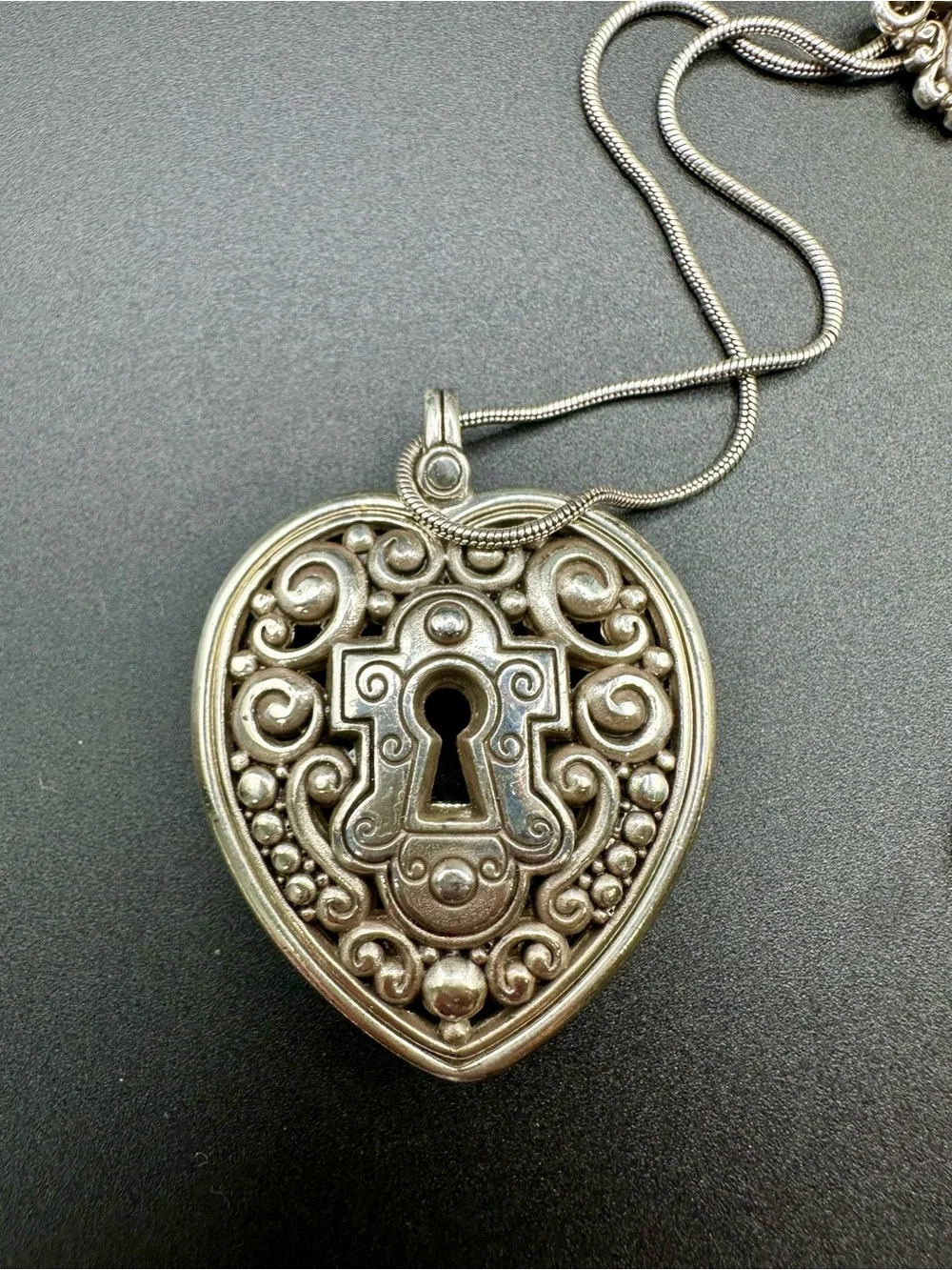 Retired Brighton Lock Heart and Key Reversible Pendant Necklace Silver Plate
